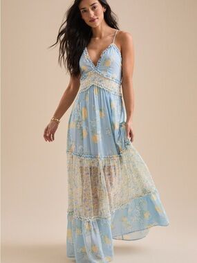 Light Blue Floral Maxi Dress with Spaghetti Straps